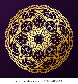 Geometrical gold mandala pattern on purple background
