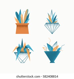 Geometrical grain textured modern vector icons' set of indoor plants in pots. Isolated creative design nature objects. 