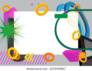 Geometrical graphic retro theme background with place for text. Minimal geometric elements frame. Vintage abstract shapes vector illustration for advertising.