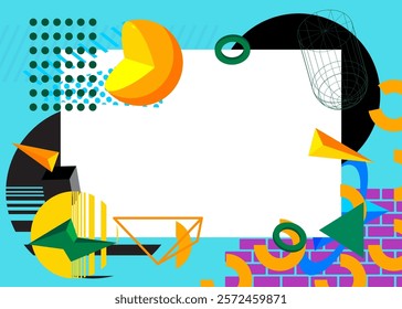 Geometrical graphic retro theme background with place for text. Minimal geometric elements frame. Vintage abstract shapes vector illustration for advertising.