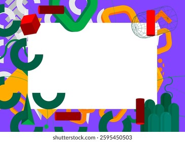 Geometrical graphic retro theme background with place for text. Minimal geometric elements frame. Vintage abstract shapes vector illustration for advertising.