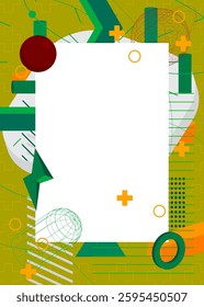 Geometrical graphic retro theme background with place for text. Minimal geometric elements frame. Vintage abstract shapes vector illustration for advertising.