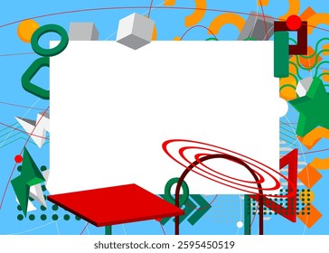 Geometrical graphic retro theme background with place for text. Minimal geometric elements frame. Vintage abstract shapes vector illustration for advertising.
