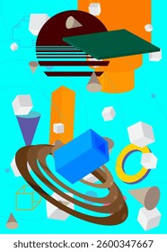 Geometrical graphic retro theme background with place for text. Minimal geometric elements frame. Vintage abstract shapes vector illustration for advertising.