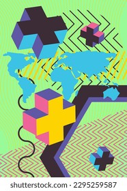 Geometrical graphic shapes with world map template. Vintage background for book cover, Newsletter, Social Media backdrop. Abstract geometric poster.
