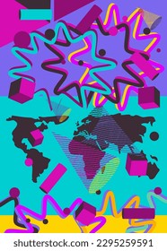 Geometrical graphic shapes with world map template. Vintage background for book cover, Newsletter, Social Media backdrop. Abstract geometric poster.