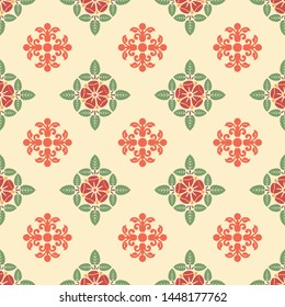 Geometrical green leaves with flowers seamless patterns