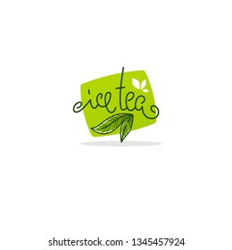 Geometrical Green Tea label, Logo, Emblem and Tag with  Line Art Green Leaves and Lettering Composition