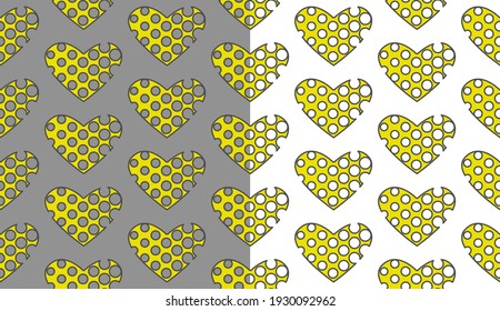 Geometrical grid, heart shapes seamless pattern. Yellow creative illustration, grey stroke line. White or gray easy editable color background, vector