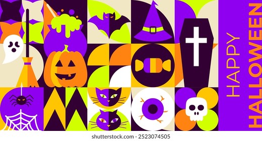 Geometrical Happy Halloween Banner Conceito. Ilustração vetorial de estilo plano. Truque ou Trate. Festa Assustadora.