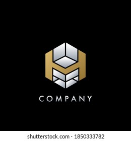 Geometrical Hexagon H Letter with Arrow Up Logo, Elegance Gold and Silver for Apartment Real Estate, Property, hotel and architecture business identity.
