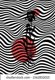 Geometrical illustration: distorted lines, circles, flower drawing. Optical illusion: wavy distortion pattern with floral element. Vector, EPS 10