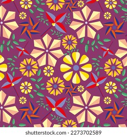 Geometrical intricate multiple flower pattern designed circular, square and hexagonal shapes. Pigment green Leaves, Peach,Red and School bus yellow flower on Magenta haze background. used on textiles.
