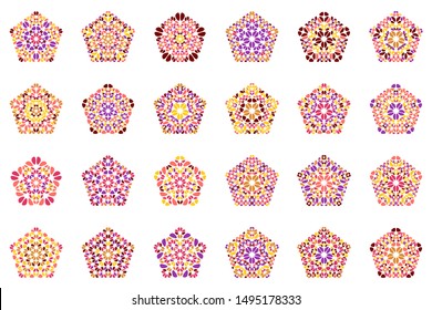 Geometrical isolated flower ornament pentagon symbol template set - abstract pentagonal vector design elements from stones