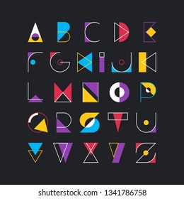 Geometrical latin font, pop art graphical decorative type. 