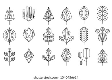 Geometrical leaves and trees big set, collection of graphic design elements vector illustration