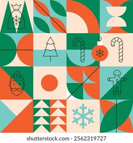 Geometrical Line Christmas Seamless Pattern. Vector Illustration of Outline and Flat Style. Winter Holiday Background. Happy New Year.