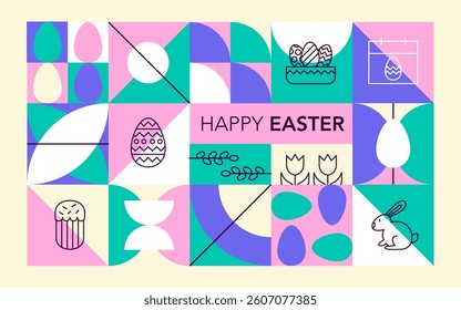 Geometrical Line Happy Easter Banner. Vector Illustration of Triangular and Polygonal Background. Outline Religious Traditional Holiday Symbols. Christianity Objects.