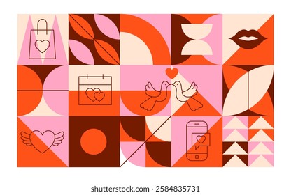 Geometrical Line Happy Valentine Day Banner. Vector Illustration of Outline and Flat Style. Love Romance Holiday. Heart Couple.