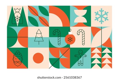 Geometrical Line Merry Christmas Banner. Vector Illustration of Outline and Flat Style. Winter Holiday. Happy New Year.