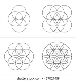 Geometrical line ornaments. Set of spiritual cosmic symbols. Natural philosophical patterns. Traditional art drawings. Harmonic nature logo. Temple theosophy signs. Awakened healing life illustration