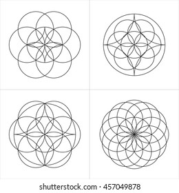 Geometrical line ornaments. Set of spiritual cosmic symbols. Natural philosophical patterns. Traditional art drawings. Harmonic nature logo. Temple theosophy signs. Awakened healing life illustration.