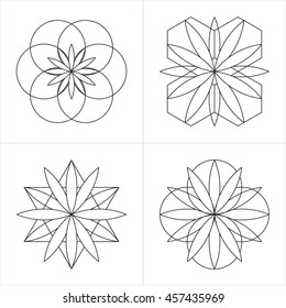 Geometrical line ornaments. Set of spiritual cosmic symbols. Natural philosophical patterns. Traditional art drawings. Harmonic nature logo. Temple theosophy signs. Awakened healing life illustration