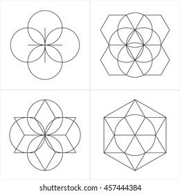 Geometrical line ornaments. Set of spiritual cosmic symbols. Natural philosophical patterns. Traditional art drawings. Harmonic nature logo. Temple theosophy signs. Awakened healing life illustration