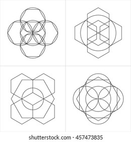 Geometrical line ornaments. Set of spiritual cosmic symbols. Natural philosophical patterns. Traditional art drawings. Harmonic nature logo. Temple theosophy signs. Awakened healing life illustration