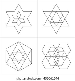 Geometrical line ornaments. Set of spiritual cosmic symbols. Natural philosophical patterns. Traditional art drawings. Harmonic nature logo. Temple theosophy signs. Awakened healing life illustration
