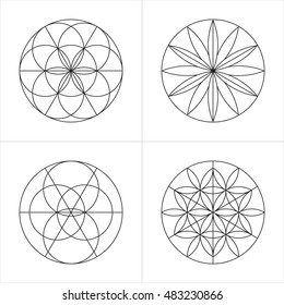 Geometrical line ornaments. Set of spiritual cosmic symbols. Natural philosophical patterns. Traditional art drawings. Harmonic nature logo. Temple theosophy signs. Awakened healing life illustration