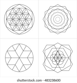 Geometrical line ornaments. Set of spiritual cosmic symbols. Natural philosophical patterns. Traditional art drawings. Harmonic nature logo. Temple theosophy signs. Awakened healing life illustration