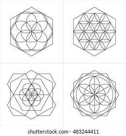 Geometrical line ornaments. Set of spiritual cosmic symbols. Natural philosophical patterns. Traditional art drawings. Harmonic nature logo. Temple theosophy signs. Awakened healing life illustration