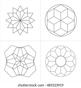 Geometrical line ornaments. Set of spiritual cosmic symbols. Natural philosophical patterns. Traditional art drawings. Harmonic nature logo. Temple theosophy signs. Awakened healing life illustration