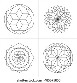 Geometrical line ornaments. Set of spiritual cosmic symbols. Natural philosophical patterns. Traditional art drawings. Harmonic nature logo. Temple theosophy signs. Awakened healing life illustration