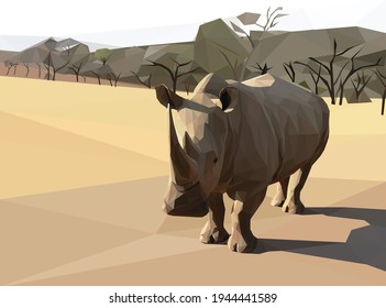 Geometrical, low poly , illustration of an African Rhinoceros on the safari with trees in the background