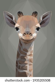 Geometrical, low poly, illustration of a baby giraffe head and neck on a green grey triangular background