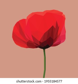 Geometrical, low poly, illustration of a red poppy from the side on a reddish background