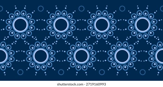 Geometrische magische nahtlose Rahmen. Blaue Farbverlauf-runde Elemente auf dunkelblauem Hintergrund. Fantasy dunkle kalte Muster in Blautönen.