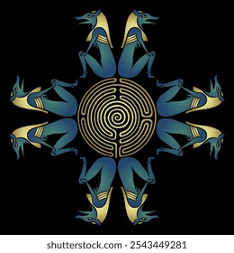 Geometrical mandala with anthropomorphic pharaoh foxes sitting around a round spiral maze or labyrinth symbol. Ethnic ancient Egyptian design.