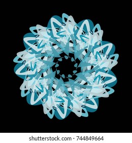 Geometrical mandala or complicated snowflake placed on black background. Logo template. Arabic, Indian, ottoman motifs. White and blue colors.