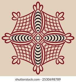 Geometrical mandala. Old Russian folk style. Black, red and white abstract round design.