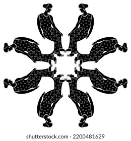 Geometrical mandala with seated ancient Greek women in polka dot dresses. Vase painting style. Black and white silhouette.