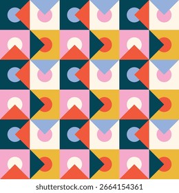 Diseño geométrico de patrones sin fisuras de mediados de siglo en divertidos colores brillantes Vector