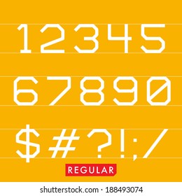 Geometrical monotype typeface based on logic, rationality, geometry and strict adherence to the grid. Modern sans serif display font. Regular (normal) version. Numbers and punctuation marks.
