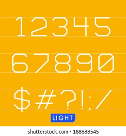 Geometrical monotype typeface based on logic, rationality, geometry and strict adherence to the grid. Modern sans serif display font. Light (thin) version. Numbers and punctuation marks. 