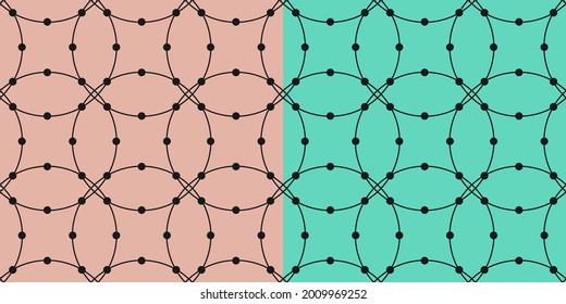 Geometrical optical illusion seamless pattern. Thin line circle shapes crossed in grid template. Blue marine, pink easy editable colors background. Perfect match, vector