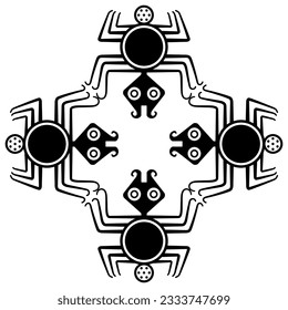 Geometrical ornament with four stylized spiders. Native American animal motif of Moche Indians of ancient Peru. Black and white silhouette.