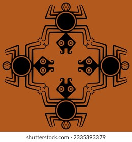 Geometrical ornament with four stylized spiders. Halloween design. Native American animal motif of Moche Indians of ancient Peru. Black and orange silhouette.