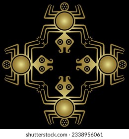 Geometrical ornament with four stylized spiders. Golden glossy silhouette on black background. Native American animal motif of Moche Indians of ancient Peru.